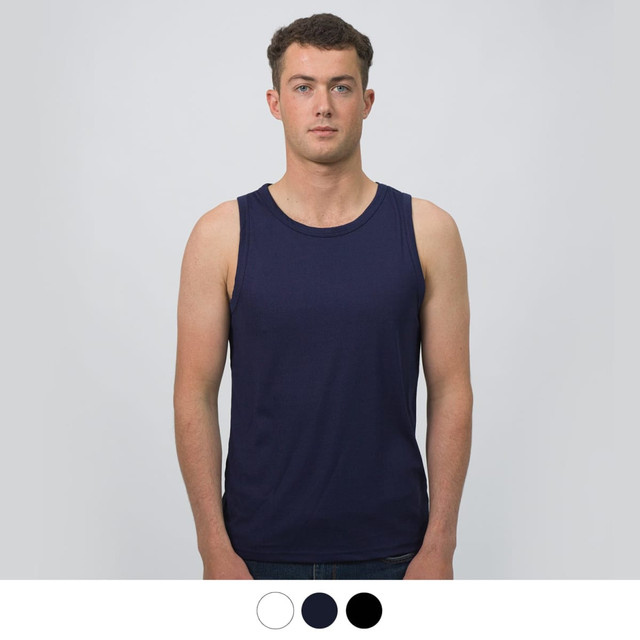 A navy blue men's sports tank top with a casual fit, featuring a logo.