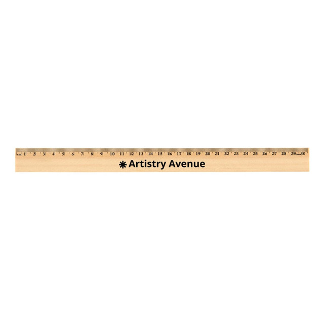 A wooden ruler measuring 30cm, featuring black branding and a light wood finish.