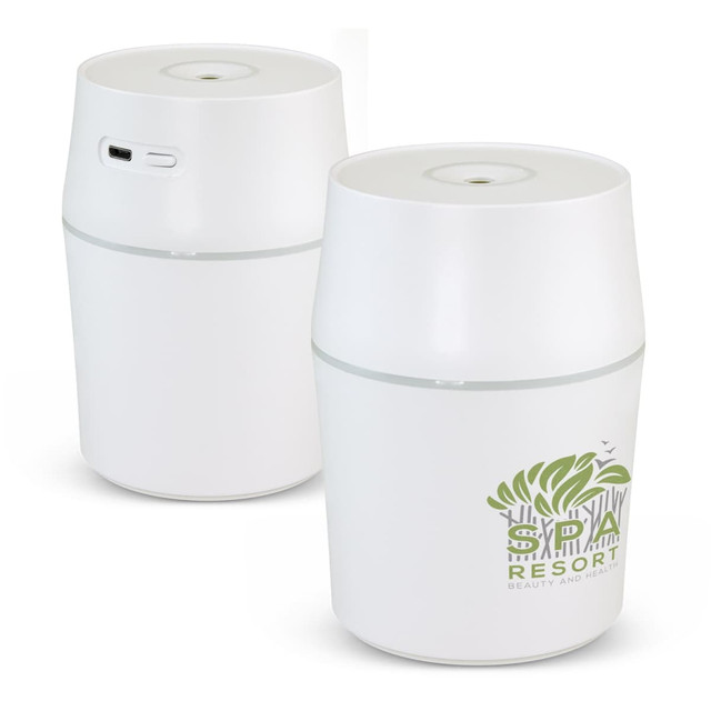 Aroma diffuser in white with a logo, featuring a smooth cylindrical design and a top opening.