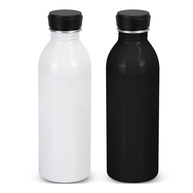 A drink bottle set featuring one white aluminium bottle and one black aluminium bottle, each with a black cap and a logo.