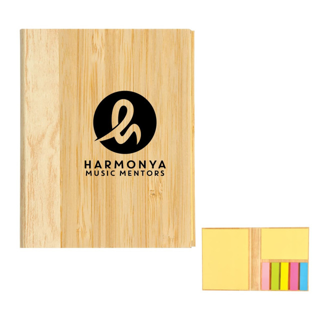 A bamboo cover sticky notes pad featuring yellow and pastel-colored sticky notes, with a logo on the front. A bamboo cover sticky notes pad featuring yellow and pastel-colored sticky notes, with a logo on the front.