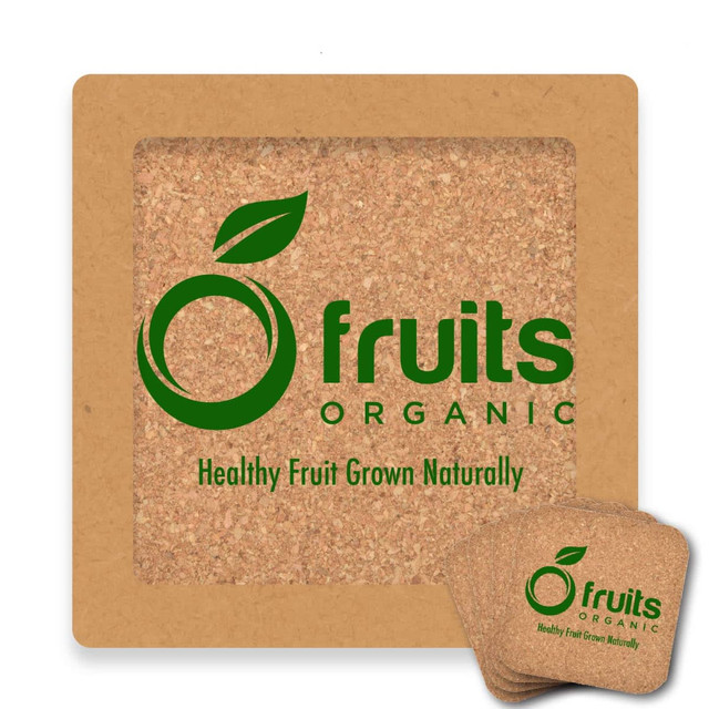 A square cork coaster with a natural brown color featuring a green logo and text. Set of four coasters included. A square cork coaster with a natural brown color featuring a green logo and text. Set of four coasters included.