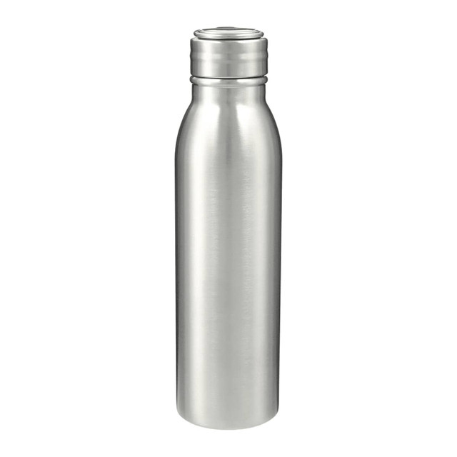 A drink bottle in stainless steel with a sleek, silver finish and a screw-on lid. It features a logo.