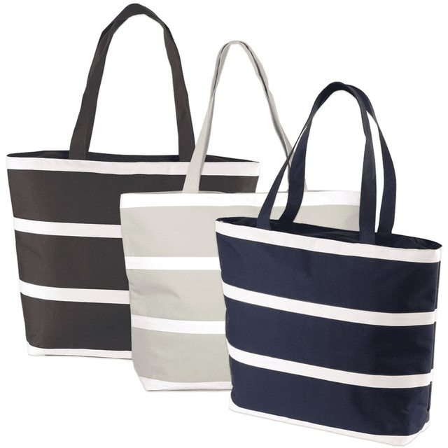 Three insulated cooler bags in black, grey, and navy with white stripes, each featuring dual handles and a logo.