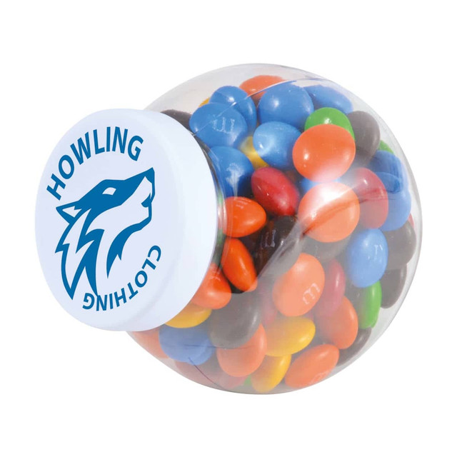 A container filled with colorful M&M's chocolate beans. The lid features the logo "HOWLING CLOTHING." A container filled with colorful M&M's chocolate beans. The lid features the logo "HOWLING CLOTHING."