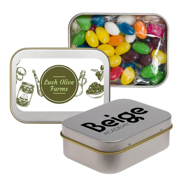 A silver rectangular tin containing assorted mini jelly beans in vibrant colors, with a branding logo on one side. A silver rectangular tin containing assorted mini jelly beans in vibrant colors, with a branding logo on one side.
