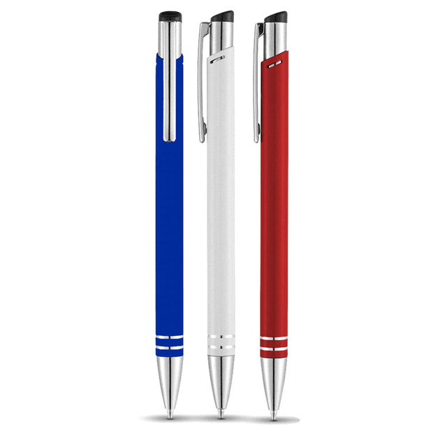 A collection of three metal ballpoint pens in blue, white, and red, each featuring a logo.