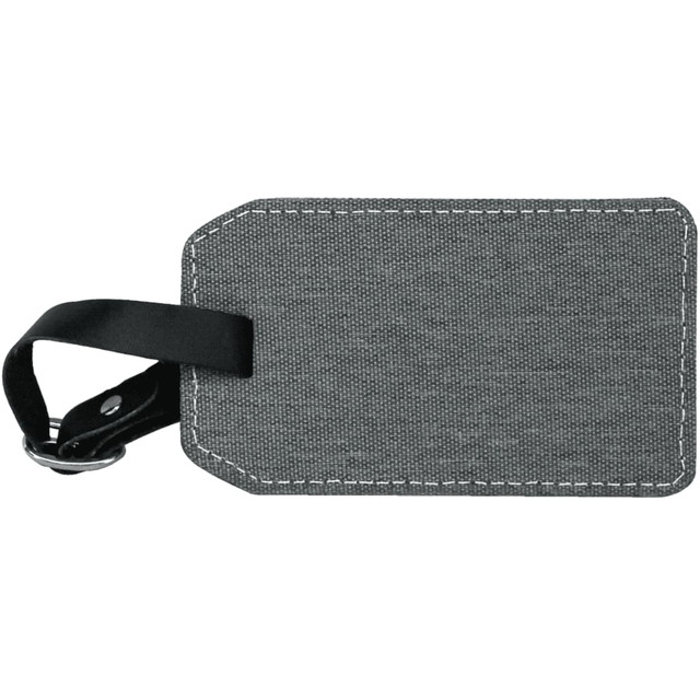 A grey luggage tag with a textured surface and a black strap for attachment. It includes a logo. A grey luggage tag with a textured surface and a black strap for attachment. It includes a logo.