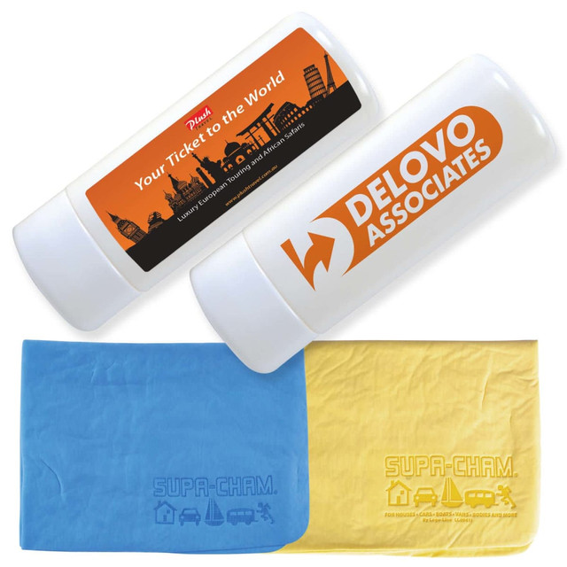 A promotional product featuring two chamois in blue and yellow, packaged in a white tube with logos. A promotional product featuring two chamois in blue and yellow, packaged in a white tube with logos.