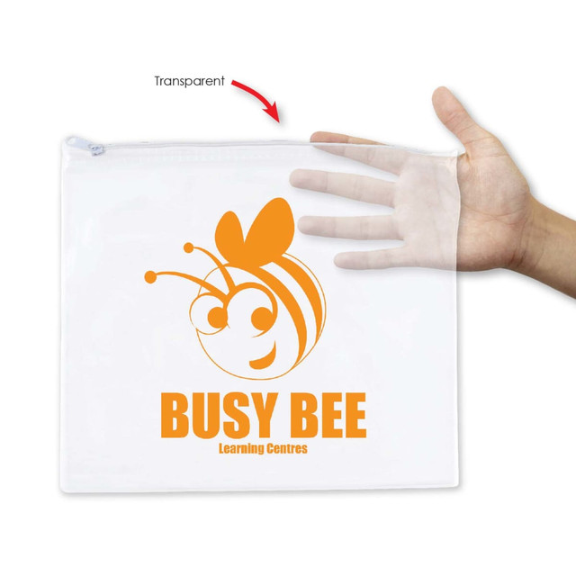 A transparent pencil case featuring a playful bee graphic and the text "BUSY BEE Learning Centres." A transparent pencil case featuring a playful bee graphic and the text "BUSY BEE Learning Centres."