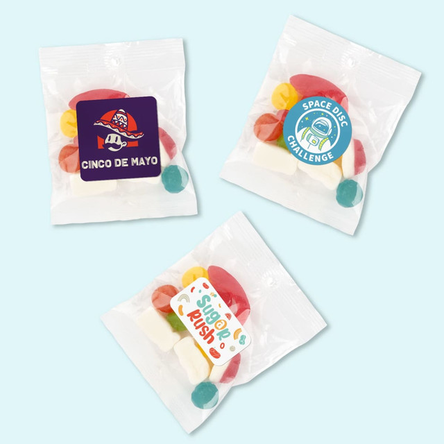 Assorted jelly candies in colorful shapes, packaged in clear cello bags with various labels. Assorted jelly candies in colorful shapes, packaged in clear cello bags with various labels.