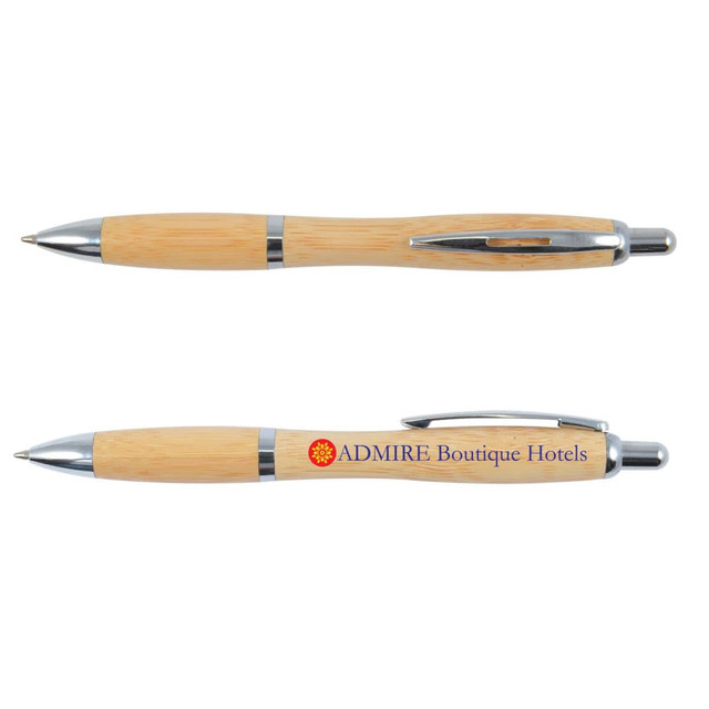 A bamboo pen featuring a sleek design with silver accents and a printed logo for "ADMIRE Boutique Hotels." A bamboo pen featuring a sleek design with silver accents and a printed logo for "ADMIRE Boutique Hotels."