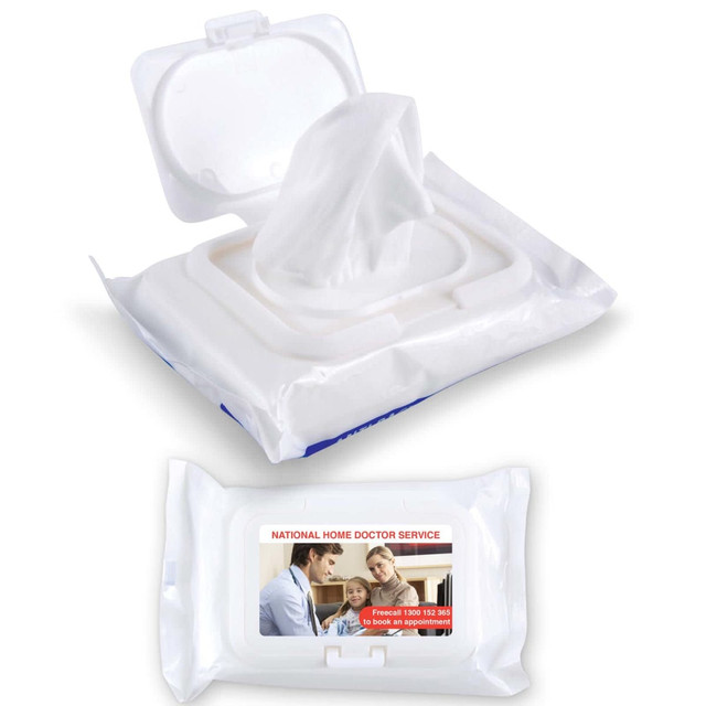 A pack of white wet wipes with a flip-top lid, featuring a partially pulled-out wipe and a logo on the packaging. A pack of white wet wipes with a flip-top lid, featuring a partially pulled-out wipe and a logo on the packaging.