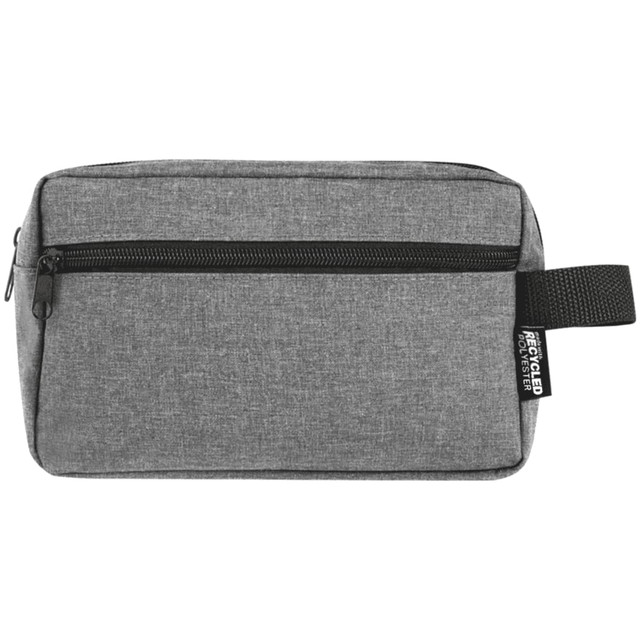 A grey toiletry bag with a zipper and a handle, featuring a small logo on the side.