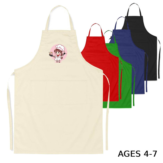 A collection of junior cotton aprons in cream, red, green, blue, and black, featuring a logo on the front.