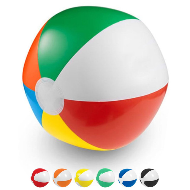 A vibrant beach ball featuring segments of red, green, yellow, blue, and white, with a logo.