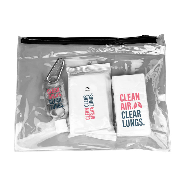 A transparent pouch containing a hand sanitiser, wipes, and a small pouch, featuring various colours and a logo.