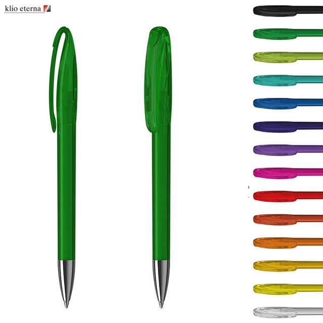 A collection of plastic pens in various colours, including green, purple, pink, and blue, featuring transparent bodies and silver tips.