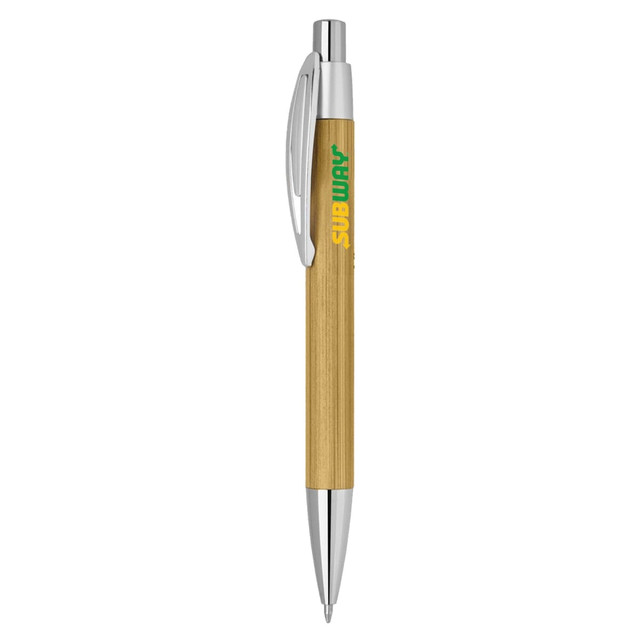 A bamboo pen with a silver clip and tip, featuring a logo on the barrel.