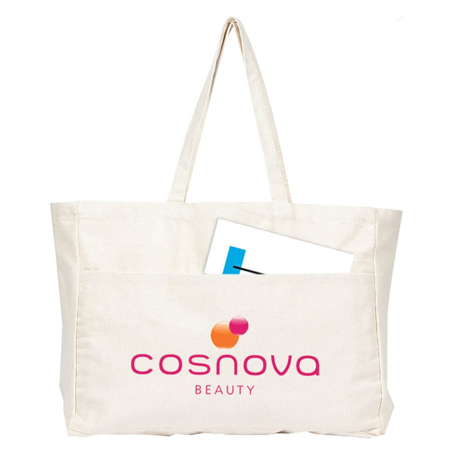 A large cream tote bag with handles, featuring a pocket and a logo in pink and orange.