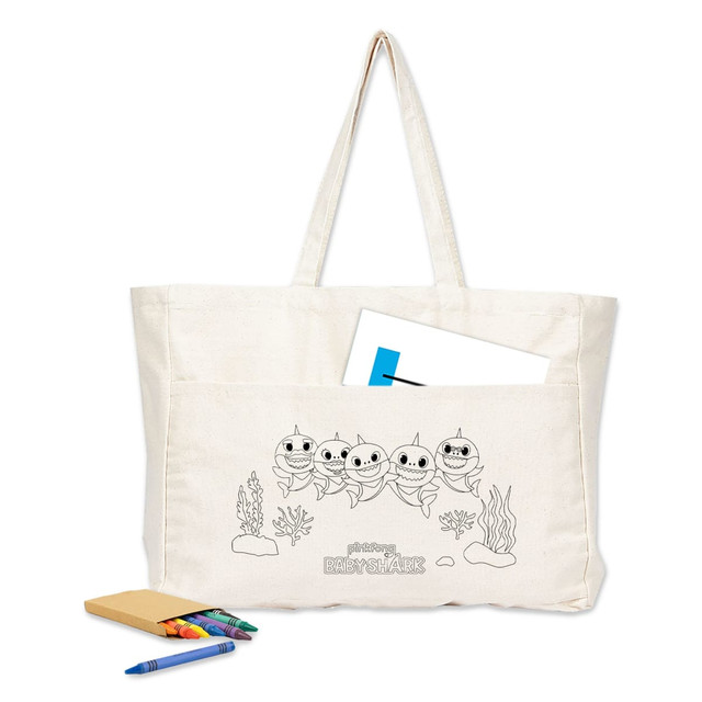 A large cream tote bag featuring a playful illustration with four cartoonish fish and a front pocket.