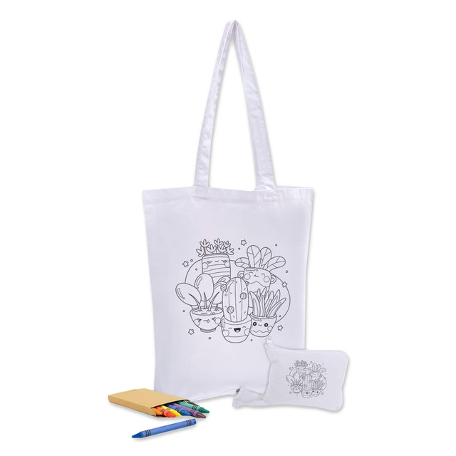 A white foldable calico tote bag featuring a colouring design, accompanied by coloured pens and a notepad.