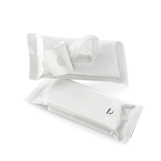A pack of white anti-bacterial wet wipes, featuring an opening tab, with an additional unopened pack beside it.