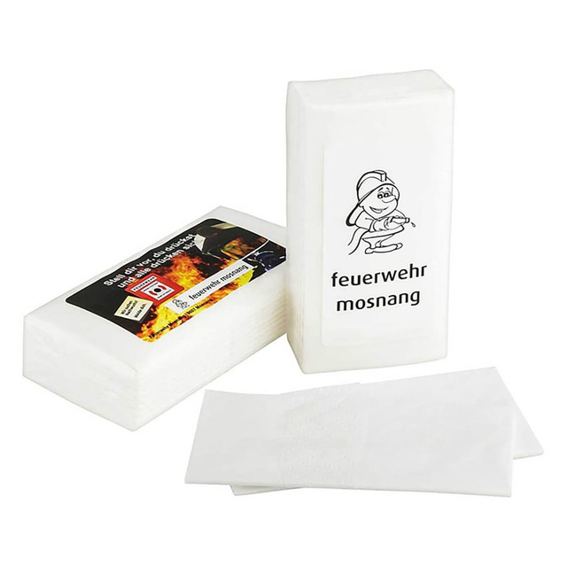 A pack of white mini pocket tissues, with one pack unopened and two tissues laid out, featuring a logo. A pack of white mini pocket tissues, with one pack unopened and two tissues laid out, featuring a logo.
