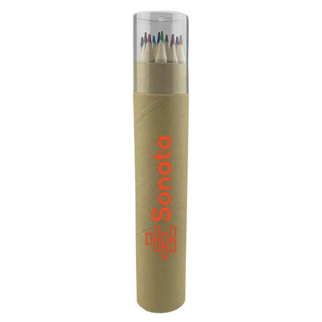 A cylindrical tube containing coloured pencils in various hues, with a clear lid and a logo on the side.