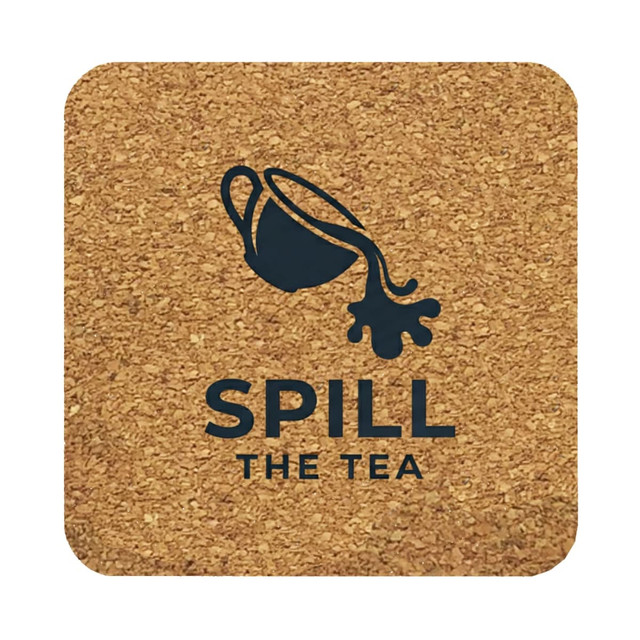 A square cork coaster featuring a dark graphic of a teapot and the words "Spill The Tea," in natural tones.