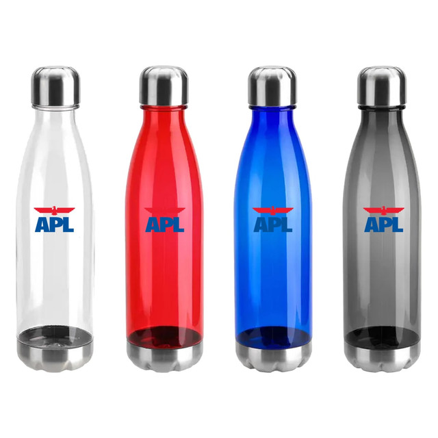 A drink bottle set featuring transparent, red, blue, and grey plastic designs with metallic caps and a logo.
