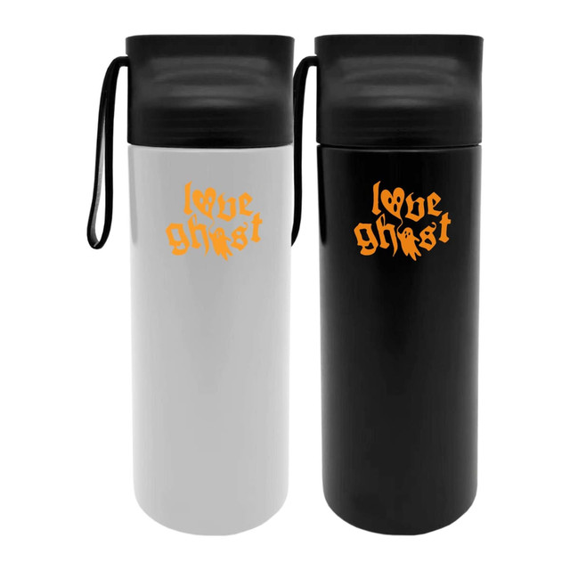 A drink bottle in white and black, featuring a logo, with a black lid and a carrying strap.