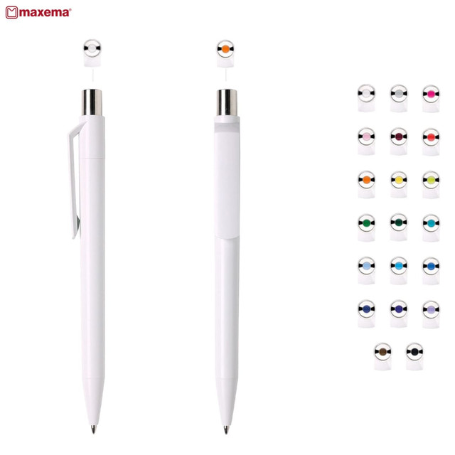 A white plastic pen featuring a chrome tip, accompanied by a variety of colourful caps. Includes a logo.