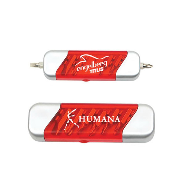 A red and silver multi-tool set featuring various screwdrivers and a branded logo on the housing.