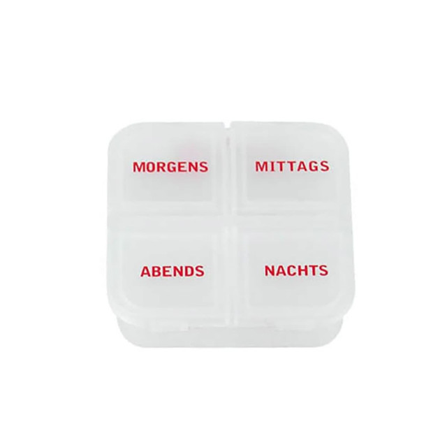 A white pill box divided into four sections, labelled for different times of day in red. It features a branding logo.