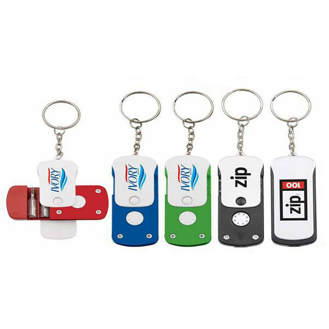 A tool set with light featuring five keychain tools in red, blue, green, and black, with logos on each.