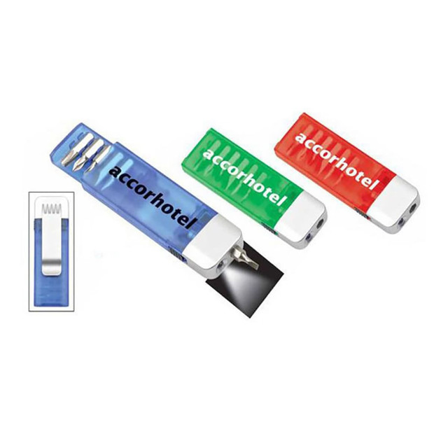 A tool set with light featuring three coloured tools: blue, green, and red, packaged with a clip. It includes a logo.