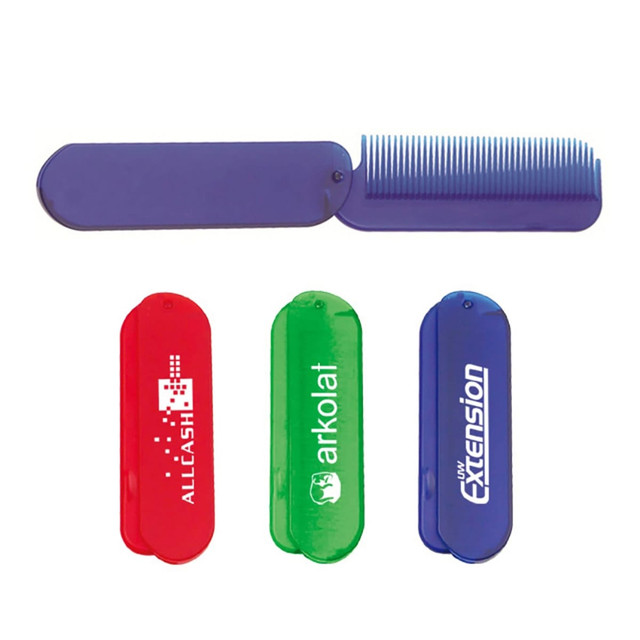 A purple comb with a folding design, accompanied by red and green plastic cases featuring various logos.
