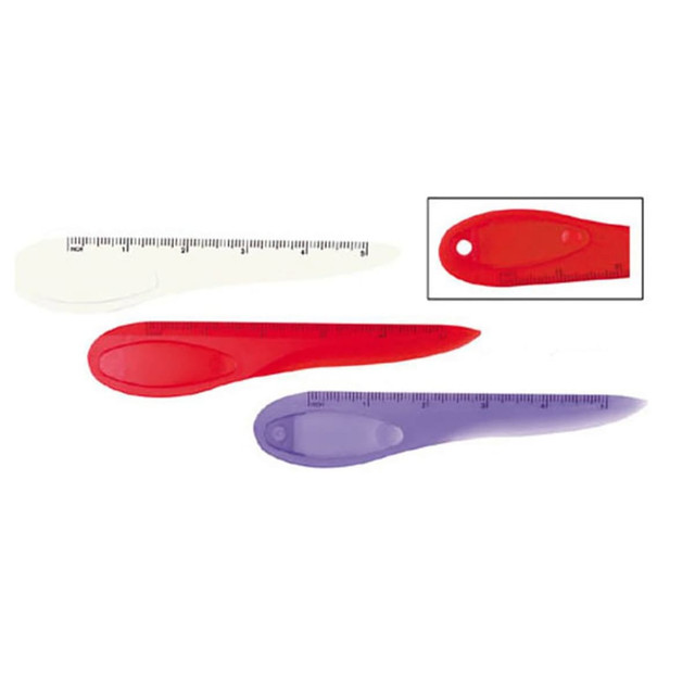 A set of three rulers with bookmarks in red, purple, and transparent colours, featuring measurement markings and a branding logo.