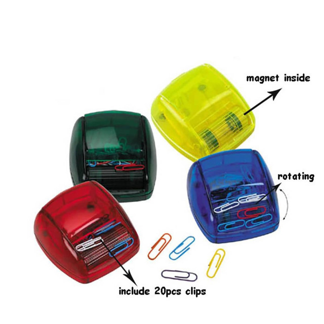 A set of Clip Dispensers in red, green, blue, and yellow, each containing paper clips and featuring a magnet.