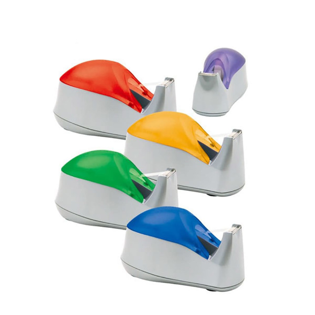 A collection of tape dispensers in red, orange, green, blue, and purple, with a white base and one smaller dispenser.