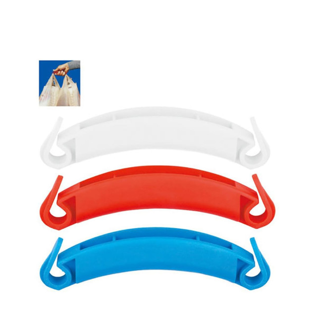 A set of three plastic Handy Handles in white, red, and blue, designed for easier carrying of bags.