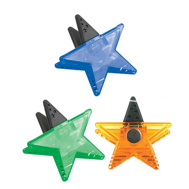 Three star-shaped clips in blue, green, and orange, each featuring a black handle and a logo.