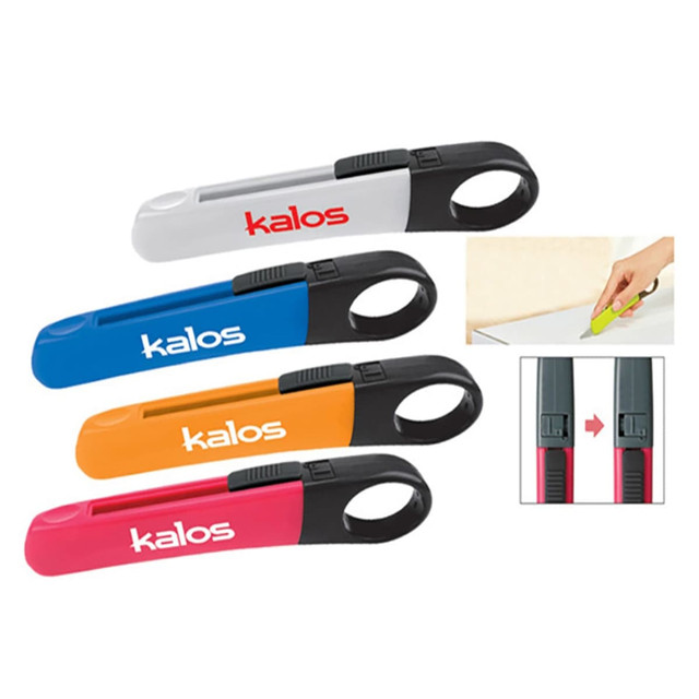 A set of letter openers in white, blue, orange, and pink, featuring a black handle and a logo.