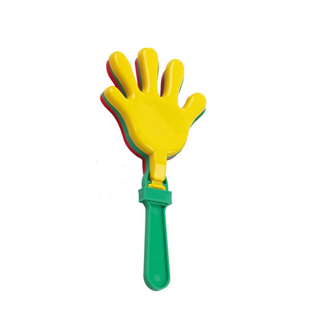 A novelty hand clapper in bright yellow with a green handle, featuring layered colours for added fun.