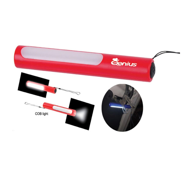 A red COB light with a white front panel, features a hook, and has a logo on one side.