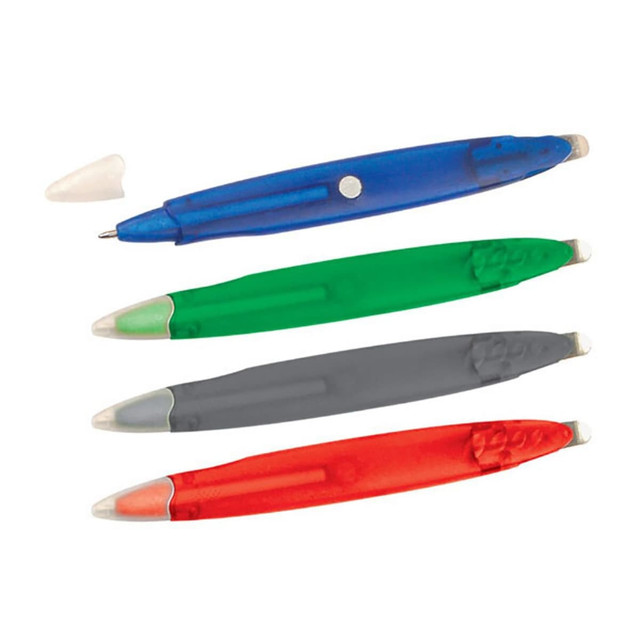 A staple remover and ball pen set in blue, green, grey, and red, featuring a logo on the pens.