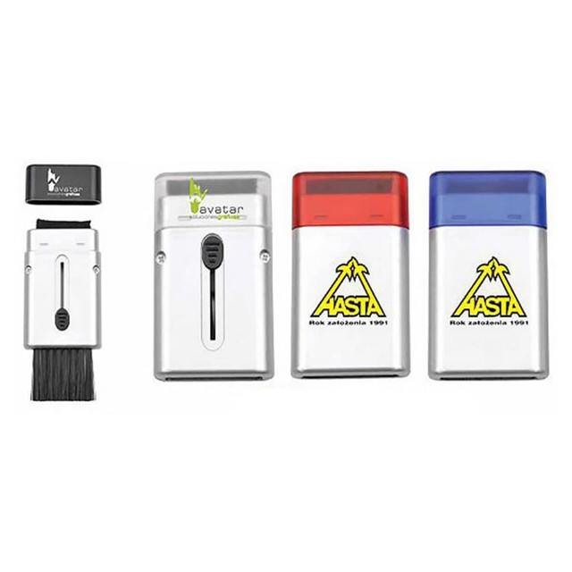 A collection of three metal computer brushes in silver, featuring a black, red, and blue top. Each has a logo.