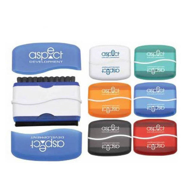 A variety of computer brushes in blue, red, orange, black, and white, featuring a logo on the blue brushes.