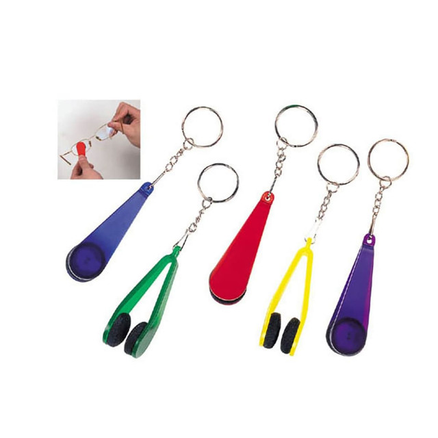 A set of five keychain glasses cleaners in purple, green, red, and yellow. Each cleaner has a unique shape and design.